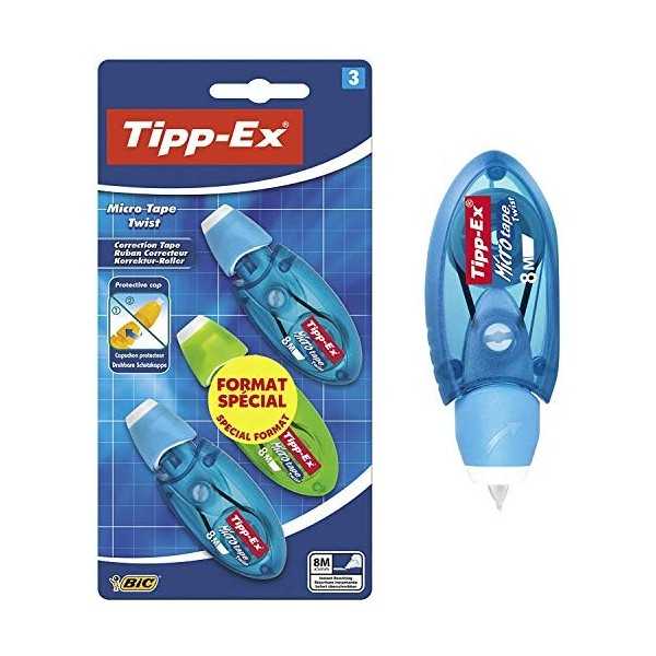 TIPP-EX Lot de 3 souris correctrices 8m avec capuchon Micro Twist bleu et  vert